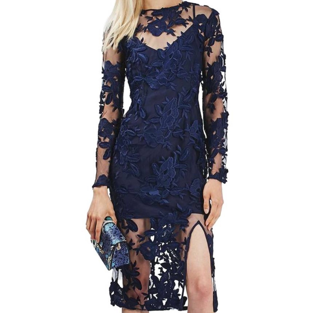 NWT $130 Topshop Navy Crochet Slit Dress Size 6
